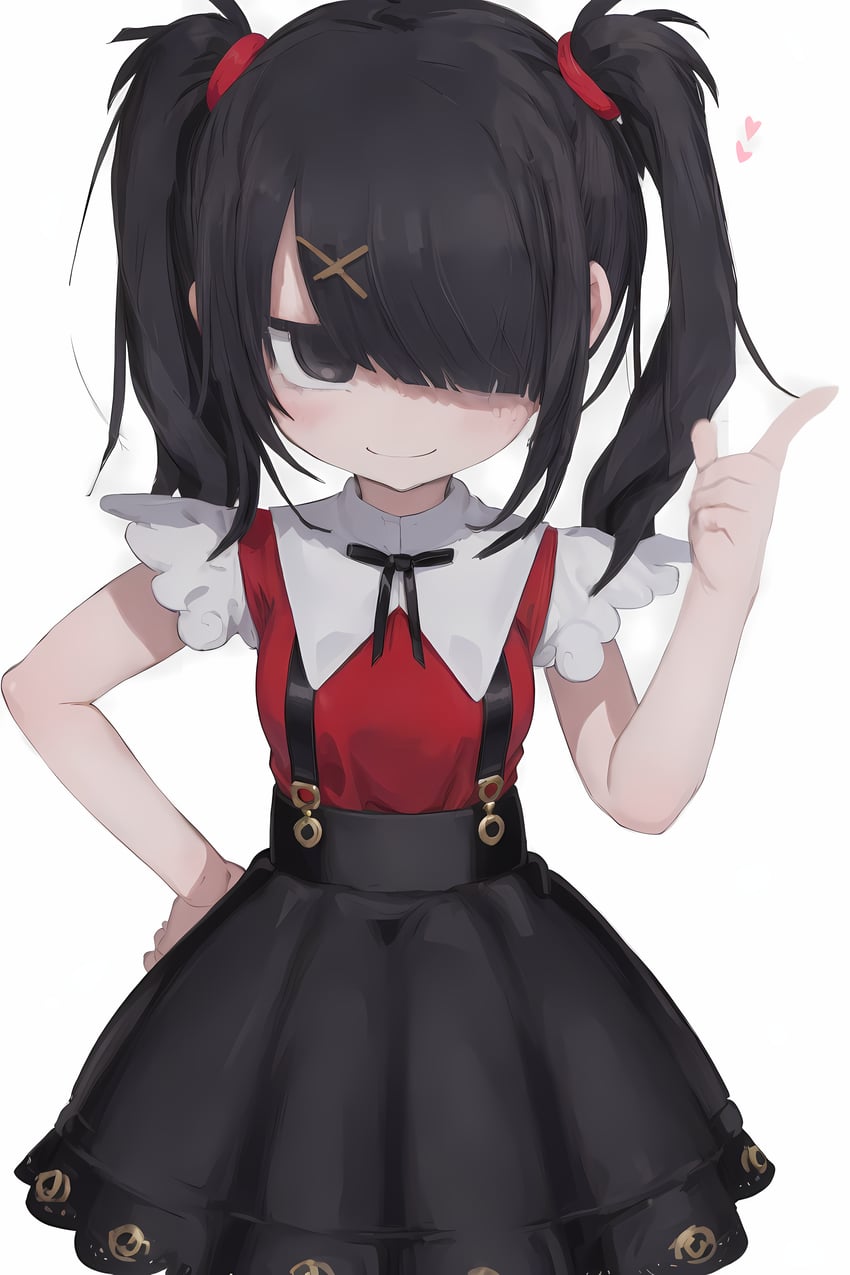 1girl, :>, absurdres, aged_down, ame-chan_(needy_girl_overdose), bad_id, bad_pixiv_id, bangs, black_eyes, black_hair, black_ribbon, black_skirt, closed_mouth, collar, cowboy_shot, grey_eyes, hair_ornament, hair_over_one_eye, hairclip, hand_on_own_hip, heart, highres, index_finger_raised, jirai_kei, light_smile, looking_at_viewer, medium_hair, metadata_request, neck_ribbon, needy_girl_overdose, ninekey, ninekeymix, one_eye_covered, pointing, red_shirt, ribbon, shirt, short_sleeves, simple_background, skirt, smile, smirk, smug, solo, straight-on, suspender_skirt, suspenders, twintails, white_background, white_collar, x_hair_ornament