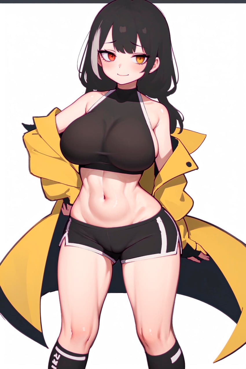 1girl, abs, absurdres, ass_visible_through_thighs, atla, bare_shoulders, bike_shorts, black_hair