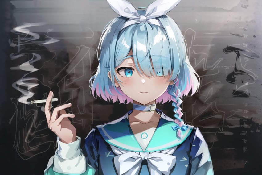 1girl, anythingelse, arona_(blue_archive), asymmetrical_bangs, bangs, blue_archive, blue_eyes, blue_hair