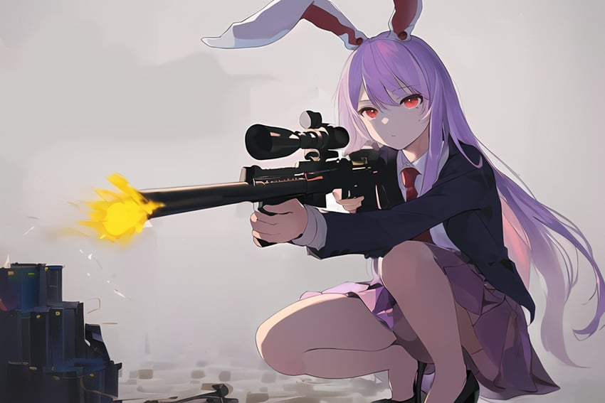 1girl, absurdres, aiming, animal_ears, assault_rifle, bangs, black_footwear, black_jacket