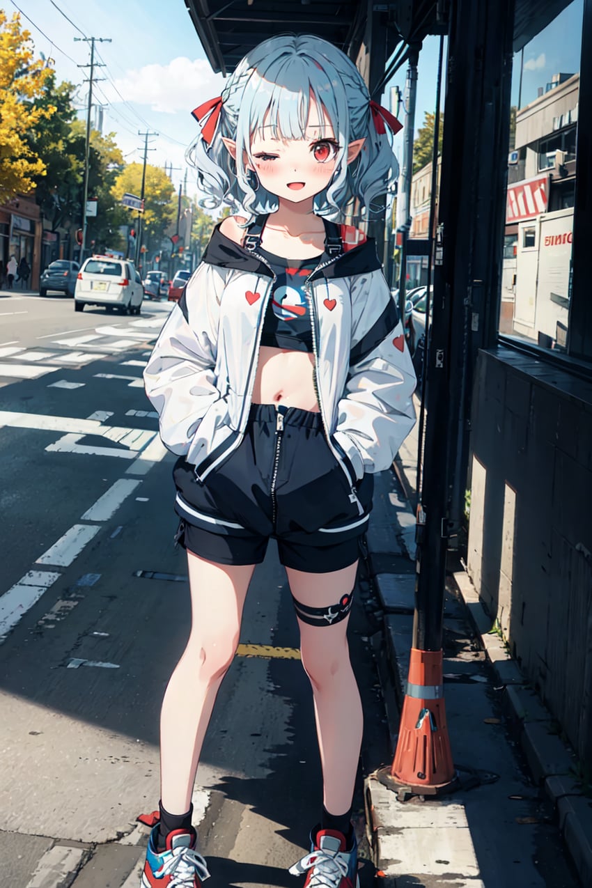1girl, ;d, bangs, bare_shoulders, black_shirt, black_shorts, black_socks, blue_hair, blue_sky, blush, bow, building, car, city, cloud, cloudy_sky, collarbone, contemporary, crop_top, cross-laced_footwear, curly_hair, dark_sushi_mix, day, dhruv, full_body, ground_vehicle, hair_bow, hair_ornament, hair_ribbon, hands_in_pockets, heart, heart_print, hood, hoodie, jacket, jirai_kei, light_blue_hair, long_sleeves, looking_at_viewer, lora, midriff, motor_vehicle, navel, off_shoulder, one_eye_closed, open_clothes, open_jacket, open_mouth, original, outdoors, pointy_ears, power_lines, red_eyes, red_footwear, red_ribbon, ribbon, road, shadow, shirt, shoes, short_shorts, shorts, sidelocks, sky, smile, sneakers, socks, solo, standing, street, thigh_strap, tree, utility_pole, white_footwear, white_hoodie, white_jacket