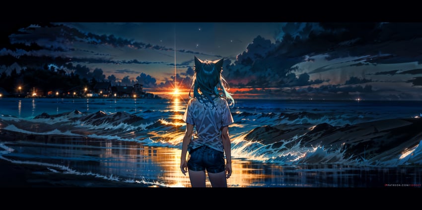 1girl, absurdres, aina_(iodoff), animal_ears, arms_at_sides, artist_name, beach, blue_hair