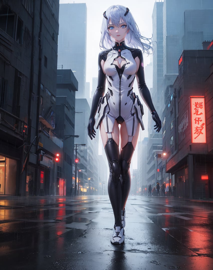 1girl, android, arms_at_sides, ass_visible_through_thighs, bangs, beatless, black_gloves, black_thighhighs, blue_eyes, blue_hair, blush, bodysuit, boots, breasts, building, city, cityscape, cleavage, cleavage_cutout, closed_mouth, clothing_cutout, cyberpunk, elbow_gloves, expressionless, full_body, garter_straps, gloves, grey_hair, hair_between_eyes, headgear, humanoid_robot, irazzicz, leicia, leotard, long_hair, looking_at_viewer, medium_breasts, medium_hair, metadata_request, model_request, night, outdoors, parted_lips, puddle, rain, reflection, reflective_floor, road, robot_girl, science_fiction, shoes, skin_tight, skyscraper, solo, standing, street, thigh_gap, thighhighs, turtleneck, walking, white_bodysuit, white_eyes, white_footwear, white_hair, white_leotard