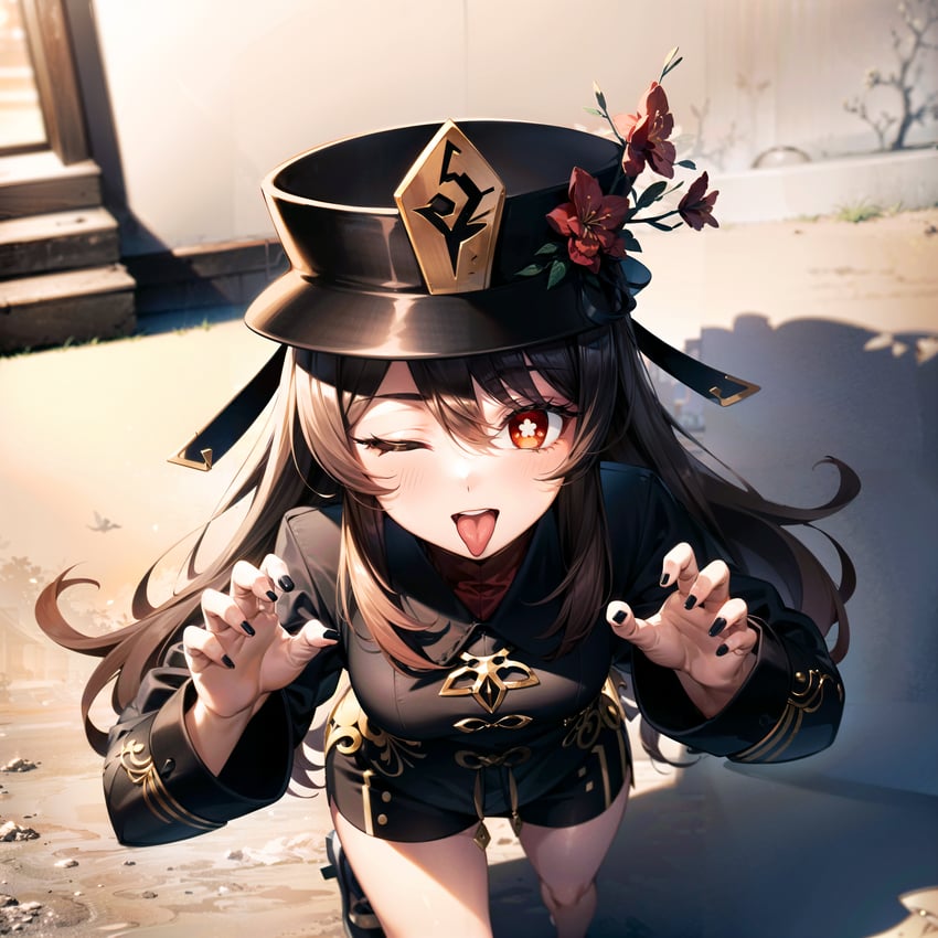 1girl, absurdres, bangs, black_headwear, black_nails, black_shorts, blush, breasts