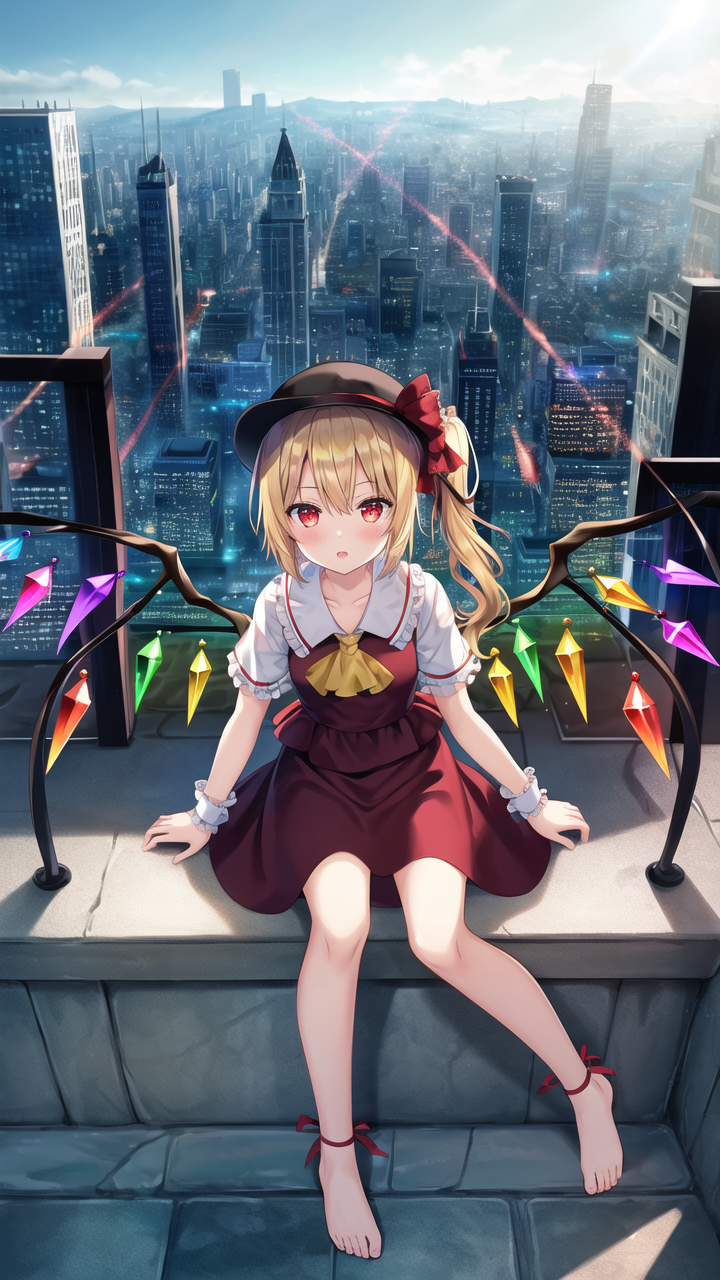 001_(user_fpd7040), 1girl, ankle_ribbon, arm_support, ascot, barefoot, blonde_hair, bow