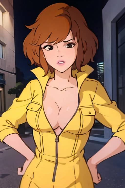 1girl, april_o'neil, black_eyes, bonnieaiart, breasts, brown_hair, building, cleavage