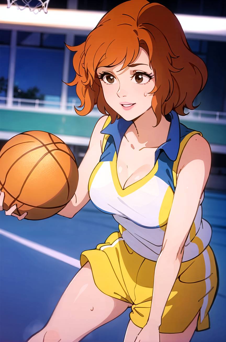 1girl, april_o'neil, ball, basketball, basketball_court, basketball_hoop, bonnieaiart, breasts