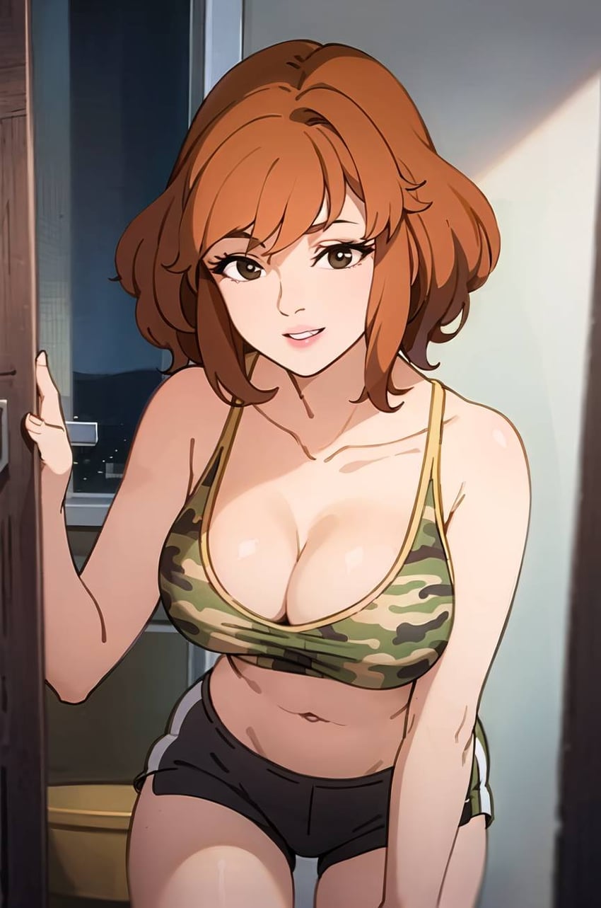 1girl, april_o'neil, arms_up, black_shorts, bonnieaiart, bra, breasts, bright_pupils, brown_eyes, brown_hair, camouflage, camouflage_bra, collarbone, commentary, cowboy_shot, english_commentary, looking_at_viewer, medium_hair, metadata_request, midriff, model_request, navel, parted_lips, print_bra, shorts, smile, solo, teenage_mutant_ninja_turtles, teenage_mutant_ninja_turtles_(80s), underwear, white_pupils
