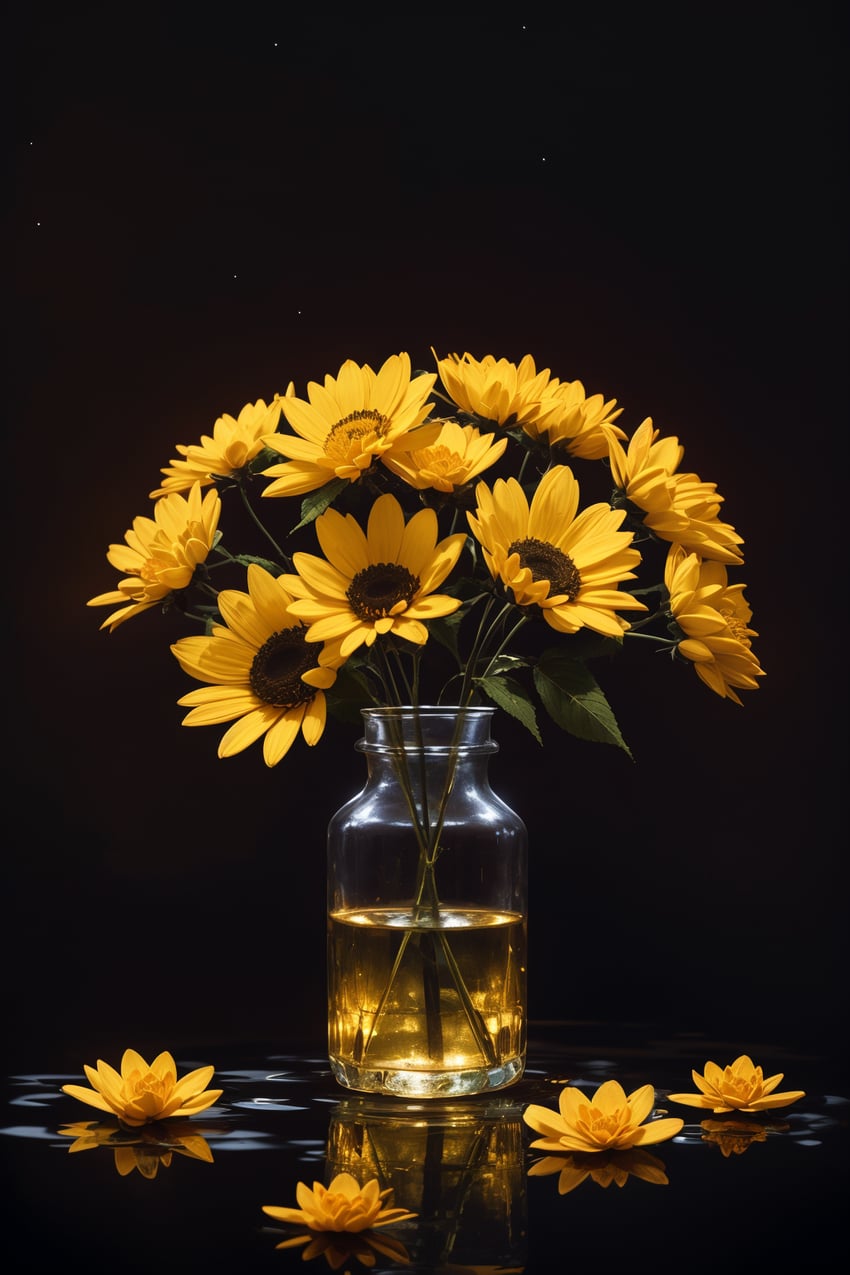 black_background, bouquet, caustics, flower, glass, glowing, leaf, light, light_particles, maverick, no_humans, ocean3, original, partially_submerged, petals, plant, reflection, reflective_surface, reflective_water, ripples, scenery, self-upload, simple_background, sparkle, still_life, vase, water, yellow_flower, yellow_theme