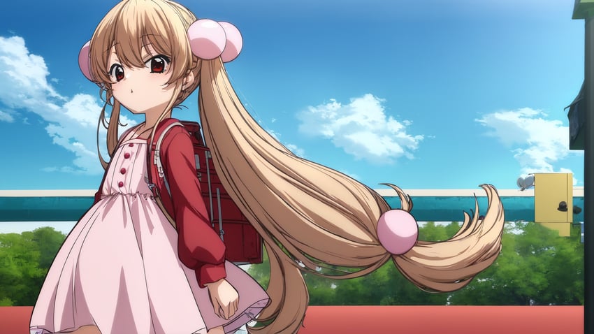 1girl, backpack, bag, blue_sky, brown_hair, child, cloud, cloudy_sky, day, dress, flat_chest, hair_between_eyes, hair_bobbles, hair_ornament, highres, kodomo_no_jikan, kokonoe_rin, light_brown_hair, loliconking, long_hair, long_sleeves, looking_at_viewer, lora, model_request, multi-tied_hair, outdoors, pink_dress, randoseru, self-upload, sky, solo, very_long_hair