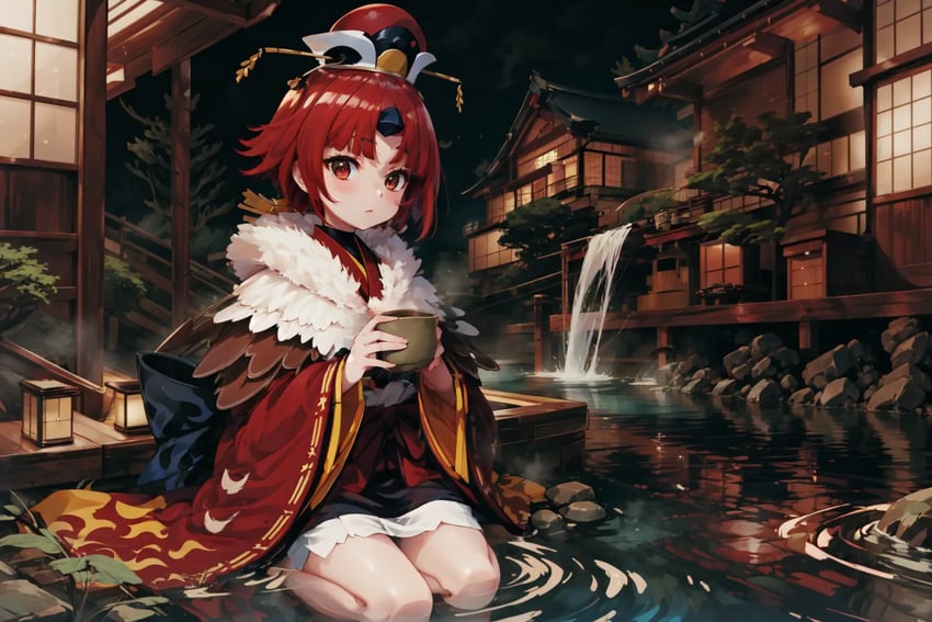 1girl, architecture, bare_legs, benienma_(fate), closed_mouth, cup, east_asian_architecture, fate/grand_order