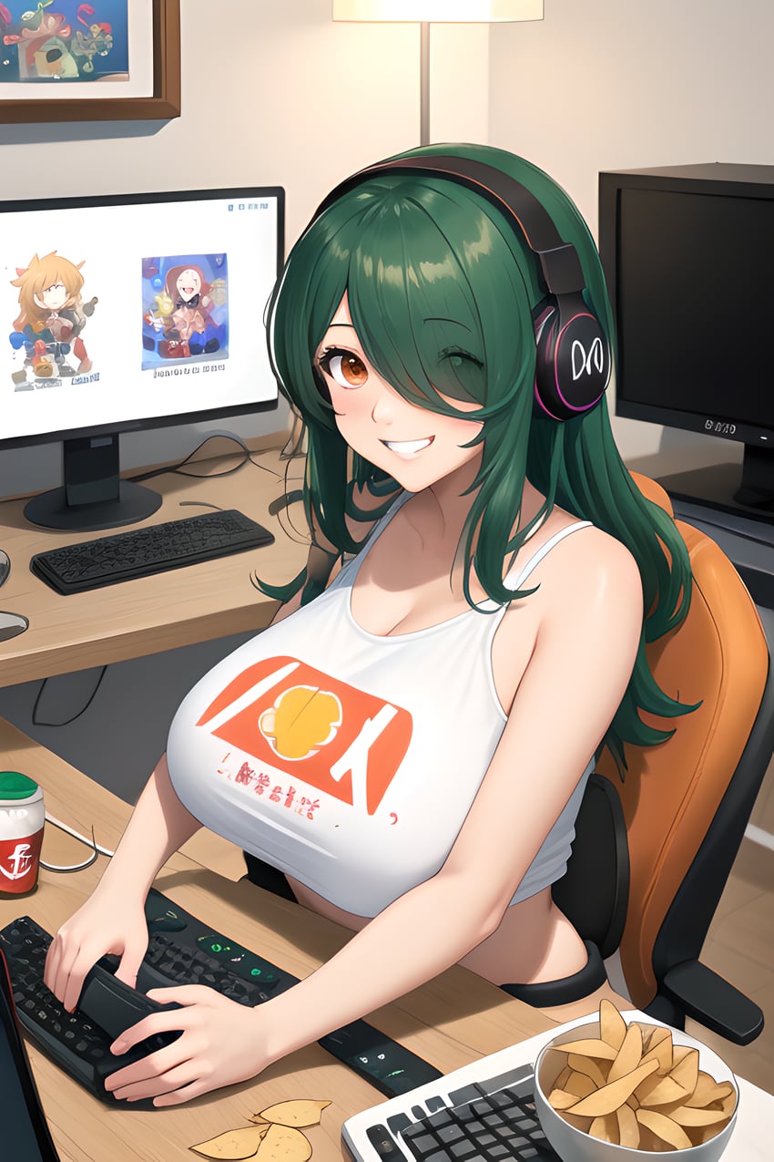1girl, absurdres, bangs, breasts, chair, chips_(food), computer, controller