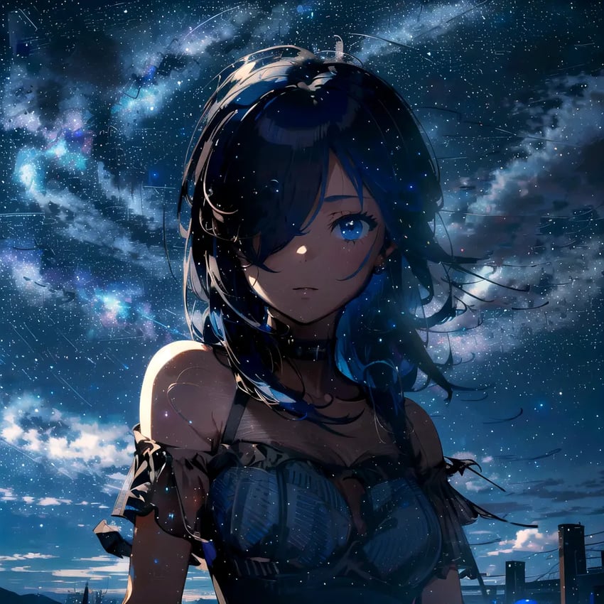 1girl, bare_shoulders, black_hair, blue_dress, blue_eyes, blue_hair, blue_theme, breasts