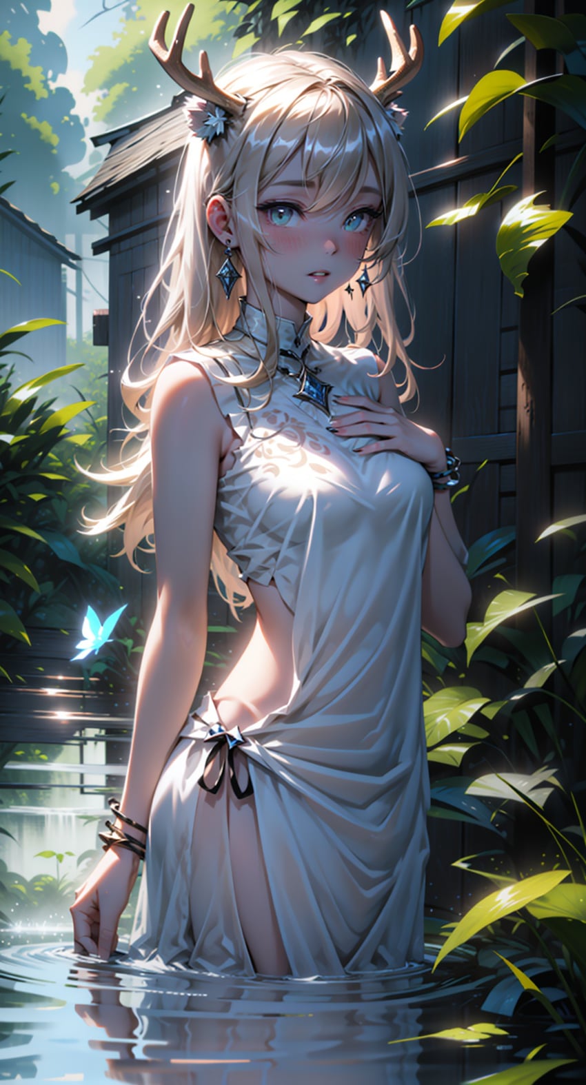 1girl, animal_ears, antlers, artemis_(yodayo), backlighting, bangs, bare_arms, bare_shoulders