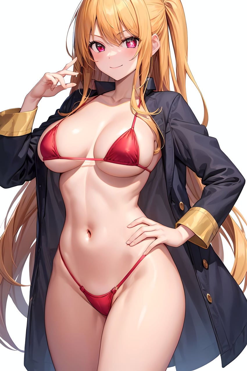 1girl, bikini, black_coat, blonde_hair, blush, breasts, cleavage, coat