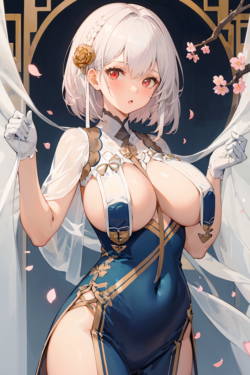 1girl, azur_lane, blush, braid, breast_curtains, breasts, cherry_blossoms, china_dress, chinese_clothes, cleavage, covered_navel, cowboy_shot, dress, flower, gloves, hair_between_eyes, hair_flower, hair_ornament, large_breasts, looking_at_viewer, metadata_request, model_request, moemoe_ai_samurai, ornamental_weight, pelvic_curtain, petals, red_eyes, revealing_clothes, see-through, short_hair, sirius_(azur_lane), sirius_(azure_horizons)_(azur_lane), solo, white_gloves, white_hair