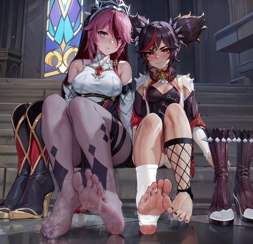 2girls, absurdres, bangs, bare_shoulders, barefoot, based_mix, black_footwear, black_hair