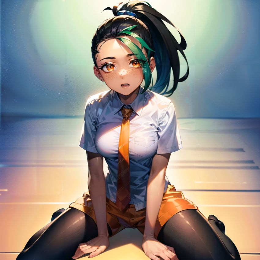 1girl, absurdres, between_legs, black_hair, black_pantyhose, breasts, collared_shirt, dark-skinned_female