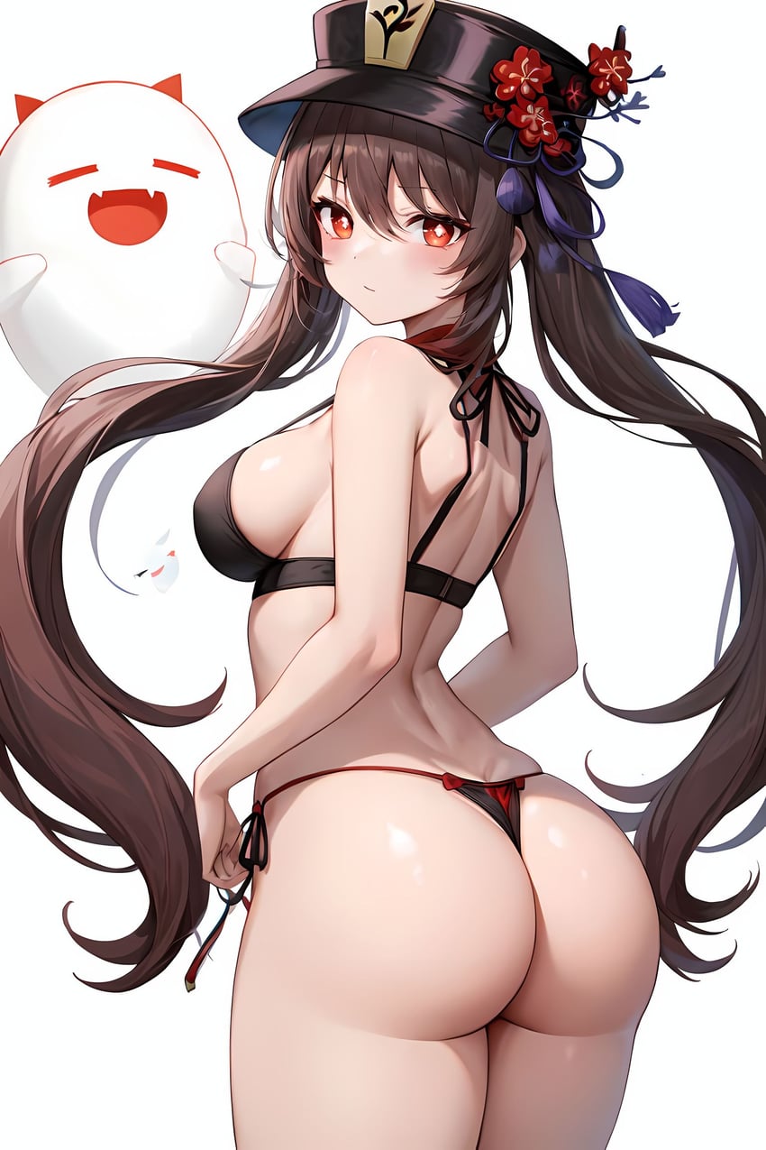 1girl, alternate_breast_size, ass, back, bare_arms, bikini, black_bikini, black_headwear