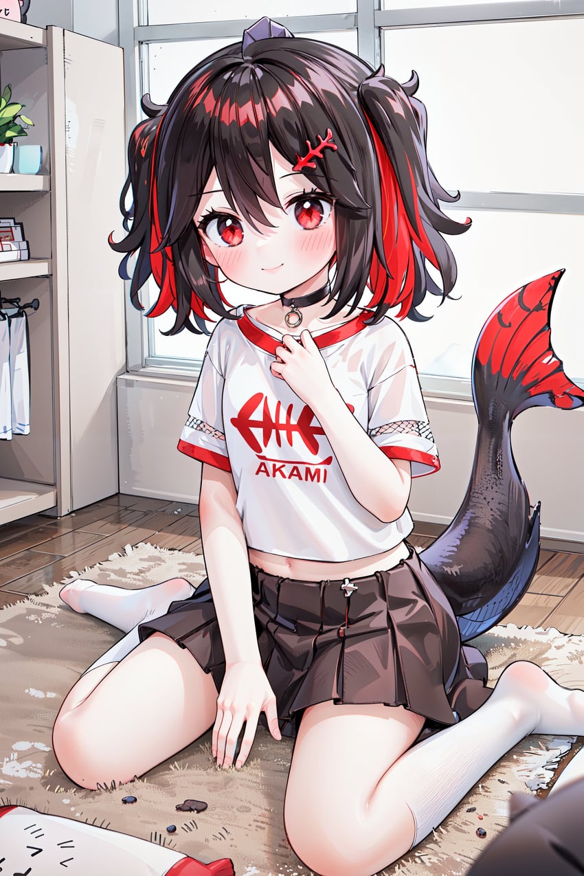 1girl, absurdres, akami_chiyo, amai_direct, animal_print, between_legs, black_choker, black_hair, black_skirt, black_tail, blush, character_name, choker, closed_mouth, clothes_writing, colored_inner_hair, fish_bone, fish_girl, fish_print, fish_tail, fishnet_sleeves, hair_between_eyes, hair_ornament, hairclip, hand_between_legs, hand_on_own_chest, hand_up, head_fins, highres, indoors, kneehighs, leirbag, looking_at_viewer, medium_hair, metadata_request, midriff, midriff_peek, model_request, multicolored_hair, navel, no_shoes, on_floor, pendant_choker, plant, pleated_skirt, potted_plant, red_eyes, red_hair, red_tail, rug, shirt, short_sleeves, sitting, skirt, smile, socks, solo, stomach, t-shirt, tail, two-tone_hair, two_side_up, virtual_youtuber, wariza, white_shirt, white_socks, window, wooden_floor