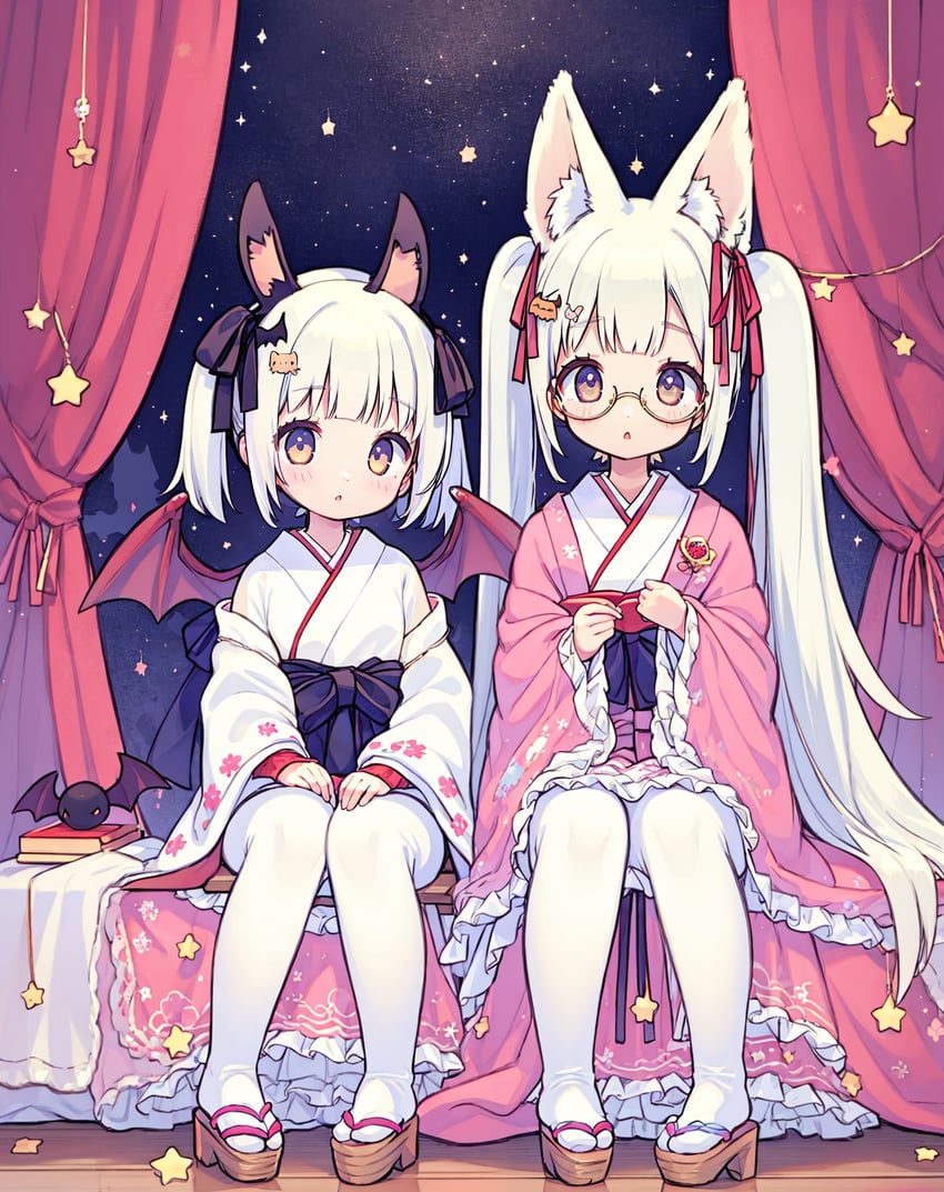 2girls, :o, adetailer, animal_ear_fluff, animal_ears, bat_ears, bat_wings, black-framed_eyewear