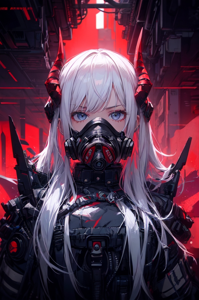 1girl, armor, artemis_(yodayo), bangs, blue_eyes, cyberpunk, gas_mask, horns