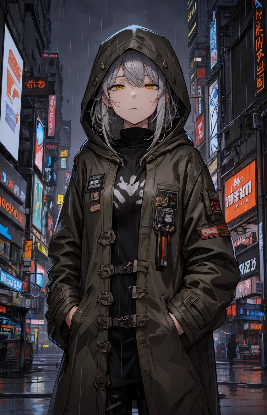 1girl, bangs, cipher_(artist), city, city_lights, closed_mouth, coat, cowboy_shot