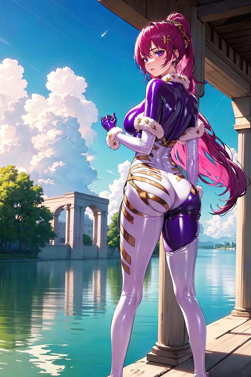 1girl, absurdres, ass, bangs, blue_sky, blush, bodysuit, breasts