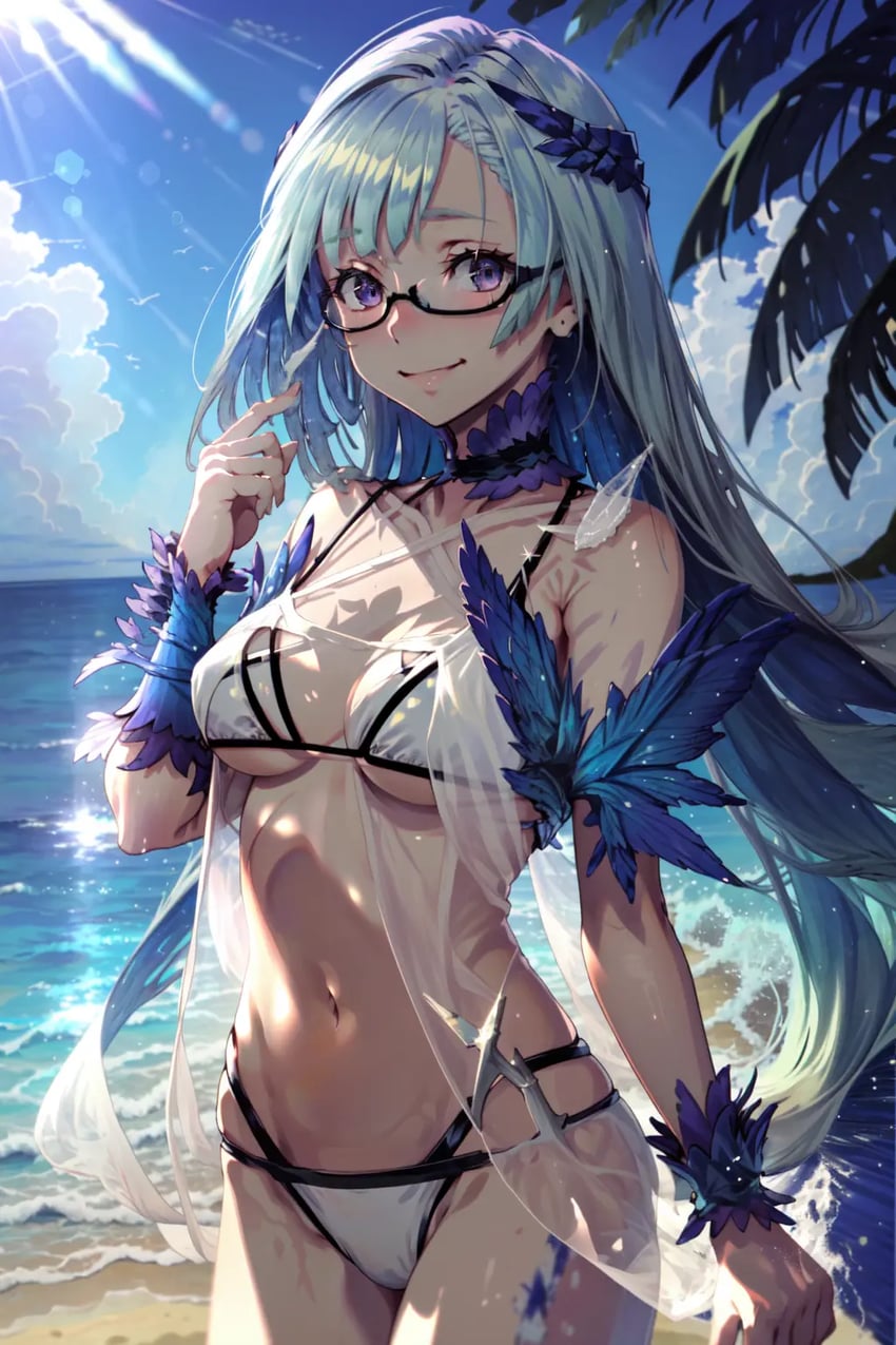 1girl, asymmetrical_bangs, bangs, beach, bikini, black-framed_eyewear, blue_hair, blue_sky