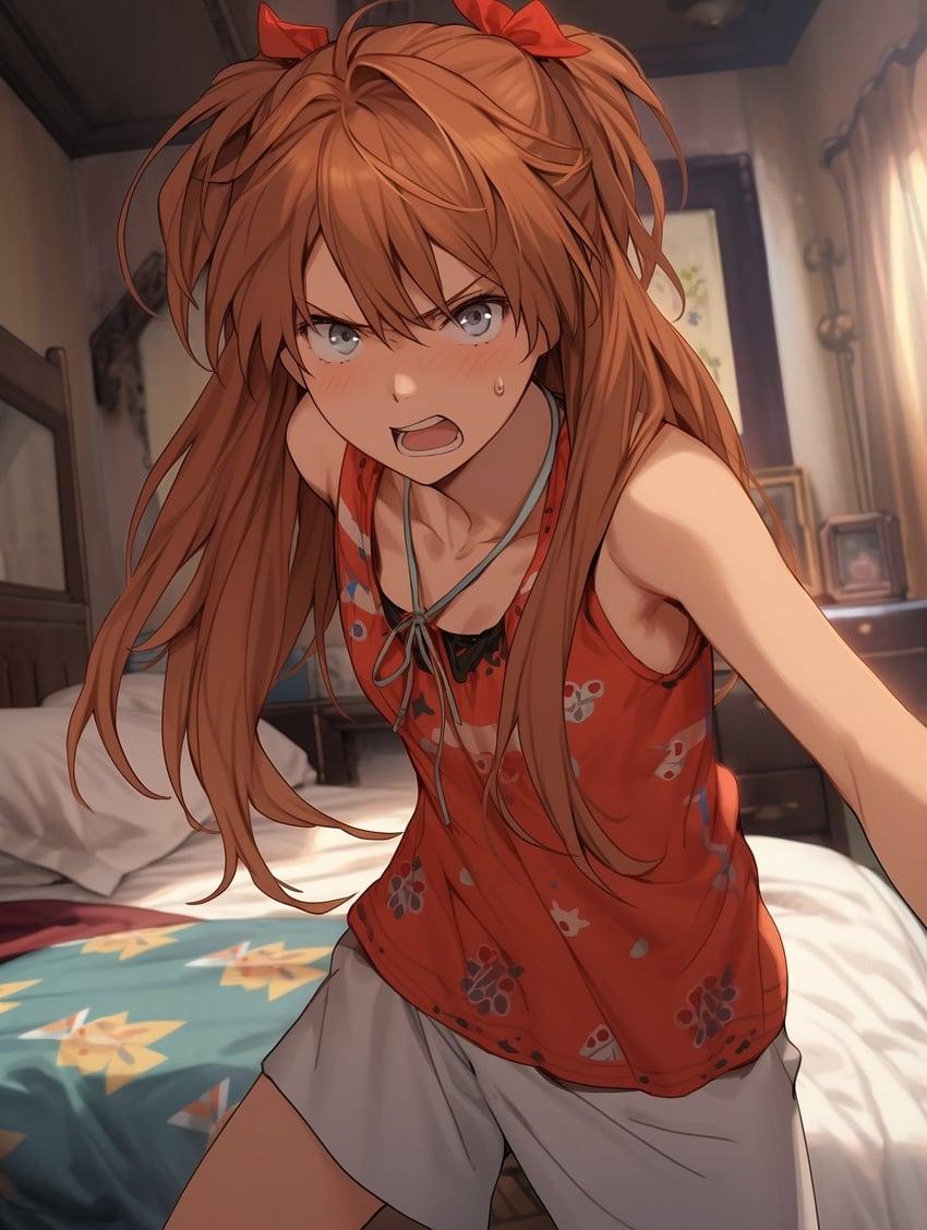 1girl, angry, armpits, bangs, bare_shoulders, bed, bedroom, blue_eyes, blush, breasts, cass, commentary, cowboy_shot, english_commentary, hair_between_eyes, highres, indoors, jewelry, legs_apart, long_hair, looking_at_viewer, metadata_request, model_request, necklace, neon_genesis_evangelion, open_mouth, pillow, shorts, small_breasts, solo, souryuu_asuka_langley, string_around_neck, sweatdrop, tank_top, teeth, two_side_up