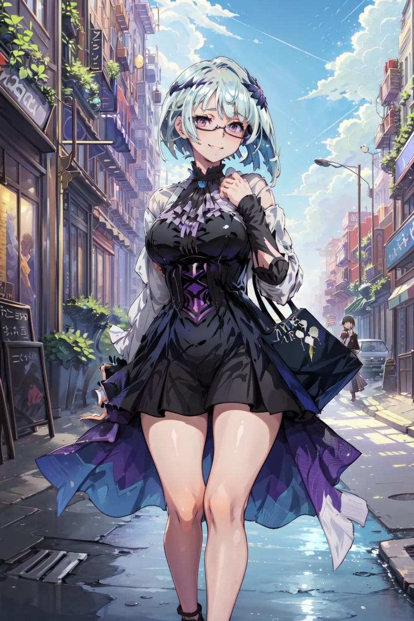 1girl, bag, bare_legs, black-framed_eyewear, black_dress, blue_hair, blue_sky, breasts, brynhildr_(fate), building, circlet, city, closed_mouth, cloud, day, dress, fate/grand_order, fate_(series), feet_out_of_frame, glasses, gyozanmix, hand_up, handbag, jewelry, lamppost, looking_at_viewer, lora, outdoors, purple_eyes, road, semi-rimless_eyewear, short_hair, sky, smile, solo_focus, street, under-rim_eyewear, unknownno3, walking