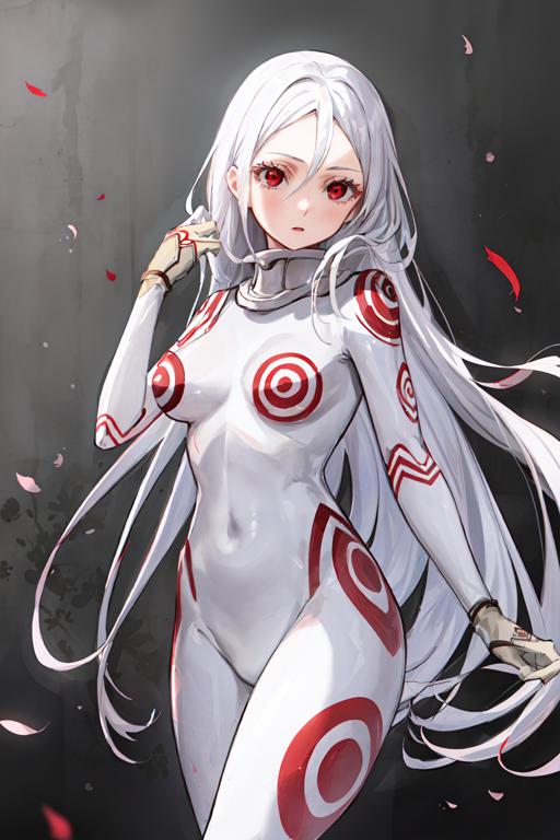 1girl, abyss_orange_mix, bangs, blush, bodysuit, breasts, closed_mouth, covered_navel, cowboy_shot, deadman_wonderland, gloves, grey_background, hair_between_eyes, hand_up, long_hair, looking_at_viewer, lora, lowres, medium_breasts, misspixel, parted_lips, petals, red_eyes, shiro_(deadman_wonderland), simple_background, skin_tight, solo, standing, very_long_hair, white_bodysuit, white_hair