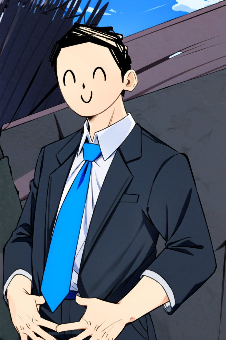 1boy, ^_^, anything_(model), belt, black_hair, black_jacket, black_pants, black_suit, blue_archive, blue_necktie, blue_sky, business_suit, closed_eyes, closed_mouth, cloud, cloudy_sky, collared_shirt, cowboy_shot, day, doodle_sensei_(blue_archive), dress_shirt, facing_viewer, formal, happy, hcsj, jacket, long_sleeves, lora, male_focus, necktie, open_clothes, open_jacket, outdoors, own_hands_together, pants, sensei_(blue_archive), shirt, shirt_tucked_in, short_hair, sky, smile, solo, standing, suit, suit_jacket, upper_body, very_short_hair, white_shirt, wing_collar