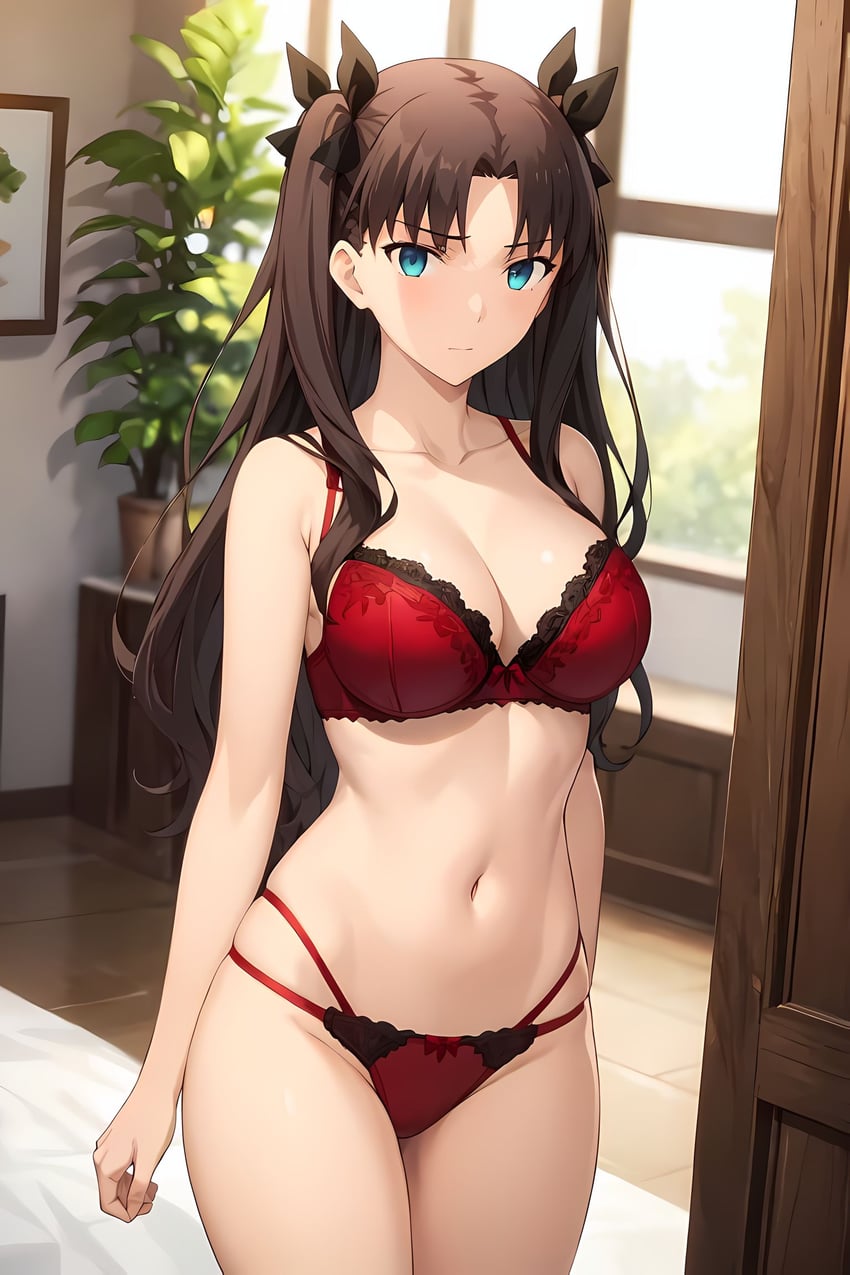 1girl, black_hair, black_ribbon, blue_eyes, bra, breasts, cleavage, collarbone