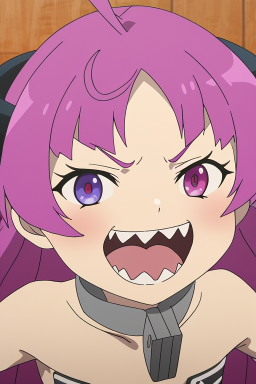 1girl, anime_coloring, choker, collar, demon_girl, flat_chest, heterochromia, horns