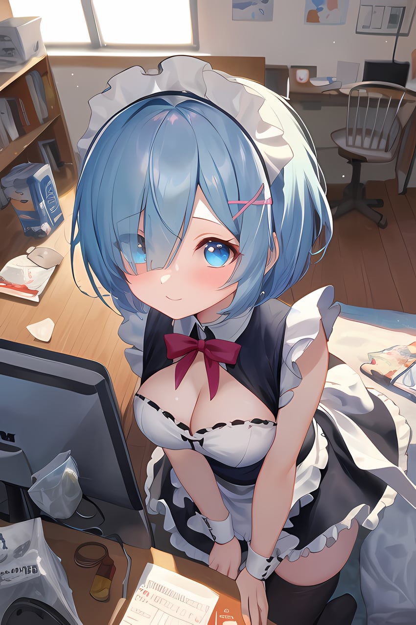 1girl, absurdres, apron, black_thighhighs, blue_eyes, blue_hair, bow, bowtie
