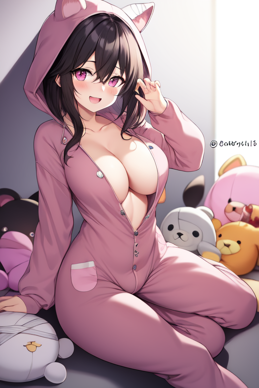 1girl, :d, animal_costume, animal_ears, animal_hood, anything_(model), arm_support, bad_hands