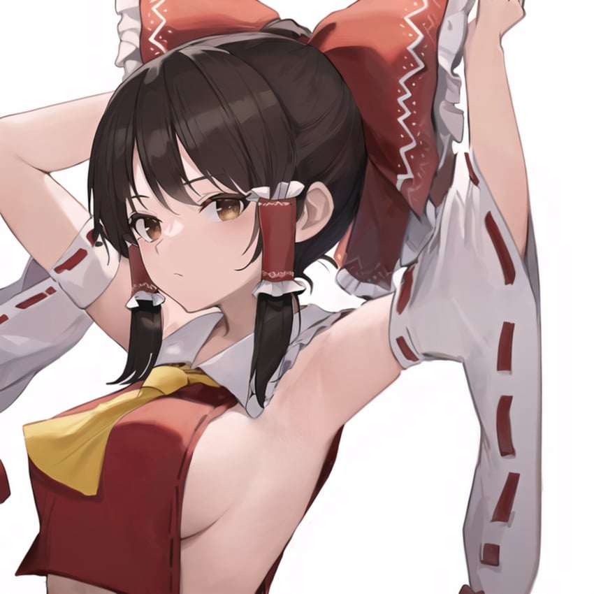 1girl, absurdres, armpits, arms_up, ascot, black_hair, bow, breasts