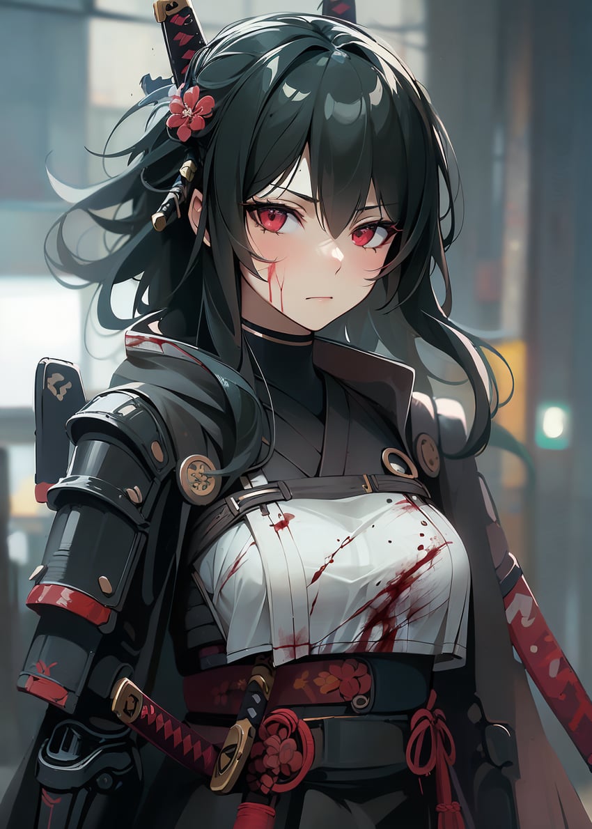 1girl, armor, bangs, based_mix, black_coat, black_hair, blood, blood_on_clothes, blood_on_face, blurry, blurry_background, breasts, cipher_(artist), closed_mouth, coat, expressionless, flower, hair_between_eyes, hair_flower, hair_ornament, japanese_armor, japanese_clothes, katana, long_hair, looking_at_viewer, lora, medium_breasts, non-web_source, original, red_eyes, samurai, sash, self-upload, sheath, shoulder_armor, solo, sword, upper_body, weapon