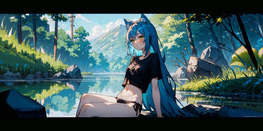 1girl, absurdres, aina_(iodoff), animal_ear_fluff, animal_ears, arm_support, bare_legs, bikini