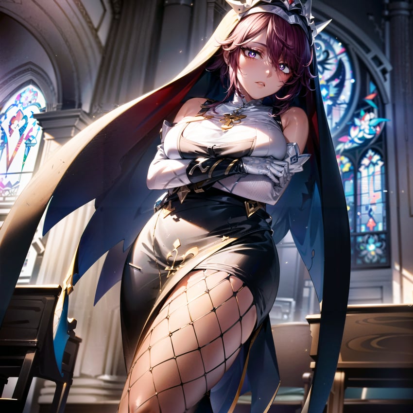1girl, absurdres, arms_under_breasts, bangs, bare_shoulders, black_dress, breasts, church