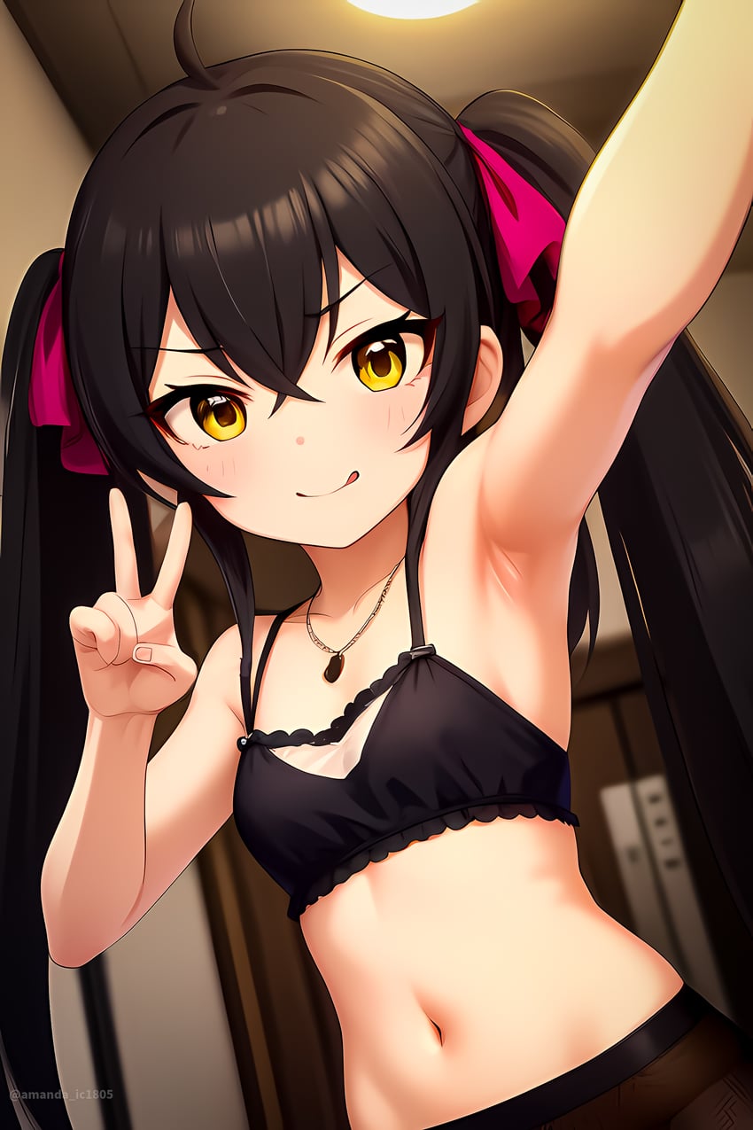 1girl, absurdres, amanda_ic1805, armpits, artist_name, black_hair, breasts, closed_mouth, commentary, hair_between_eyes, hair_ribbon, highres, idolmaster, idolmaster_cinderella_girls, indoors, japanese_commentary, jewelry, light_blush, loli, long_hair, looking_at_viewer, matoba_risa, metadata_request, midriff, model_request, navel, necklace, ribbon, selfie, sleeveless, small_breasts, smile, solo, standing, stomach, tongue, tongue_out, twintails, twitter_username, upper_body, v, very_long_hair, yellow_eyes