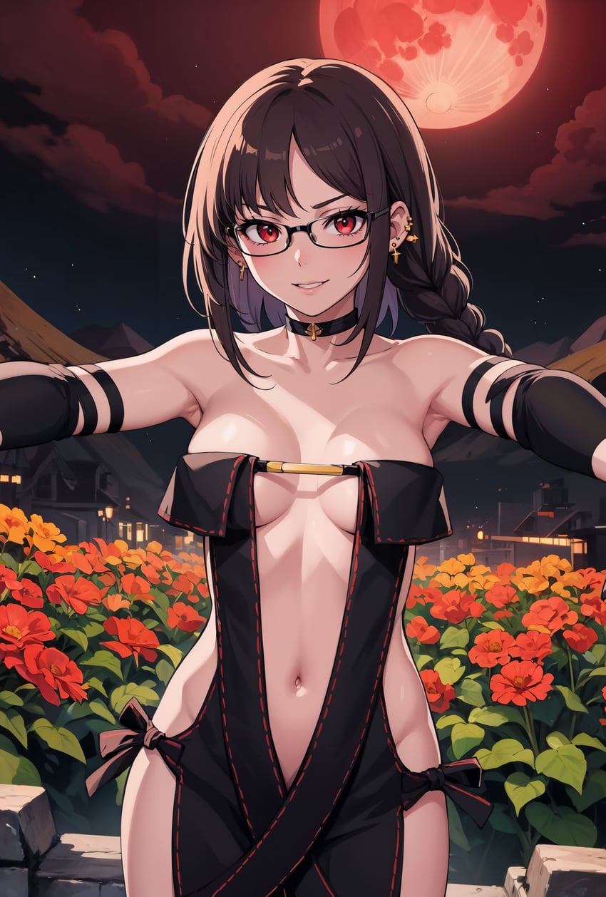 1girl, absurdres, bare_shoulders, black-framed_eyewear, black_dress, braid, breasts, brown_hair, center_opening, choker, collarbone, dress, ear_piercing, earrings, fate/grand_order, fate_(series), flower, full_moon, glasses, highres, jewelry, long_hair, looking_at_viewer, medium_breasts, metadata_request, moai_(artist), model_request, moon, navel, night, piercing, red_eyes, red_moon, revealing_clothes, sky, smile, solo, strapless, strapless_dress, yu_mei-ren_(fate)