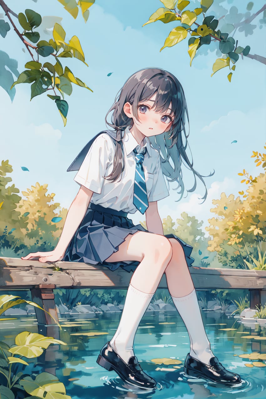 1girl, aha_(style), arm_support, bangs, bench, black_footwear, black_hair, black_skirt, blue_necktie, blue_skirt, blue_sky, blush, closed_mouth, collared_shirt, day, dhruv, full_body, grey_eyes, kneehighs, knees_together_feet_apart, loafers, long_hair, looking_at_viewer, lora, model_request, necktie, original, outdoors, pleated_skirt, ripples, sailor_collar, school_uniform, serafuku, shirt, shirt_tucked_in, shoes, short_sleeves, sitting, skirt, sky, socks, solo, tree, twintails, water, white_shirt, white_socks