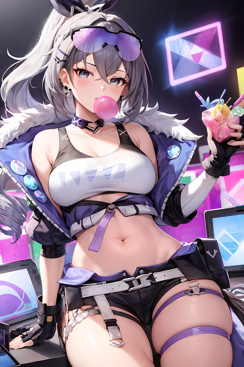 1girl, bad_hands, bare_shoulders, belt, black_gloves, black_shorts, breasts, choker