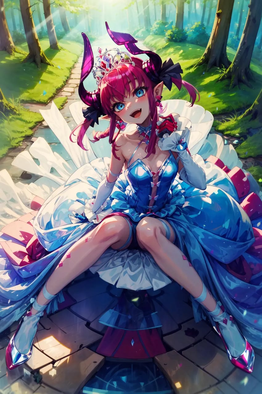 1girl, :d, bare_shoulders, blue_dress, blue_eyes, breasts, curled_horns, dragon_girl, dragon_horns, dress, elbow_gloves, elizabeth_bathory_(cinderella_rider)_(fate), elizabeth_bathory_(fate), fang, fate/grand_order, fate_(series), forest, from_above, full_body, gloves, gyozanmix, hand_up, head_tilt, high_heels, horns, jewelry, knees_together_feet_apart, layered_dress, looking_at_viewer, looking_up, lora, nature, official_alternate_costume, open_mouth, outdoors, pink_hair, pointy_ears, sitting, small_breasts, smile, solo, strapless, sunlight, tiara, tree, unknownno3, white_gloves