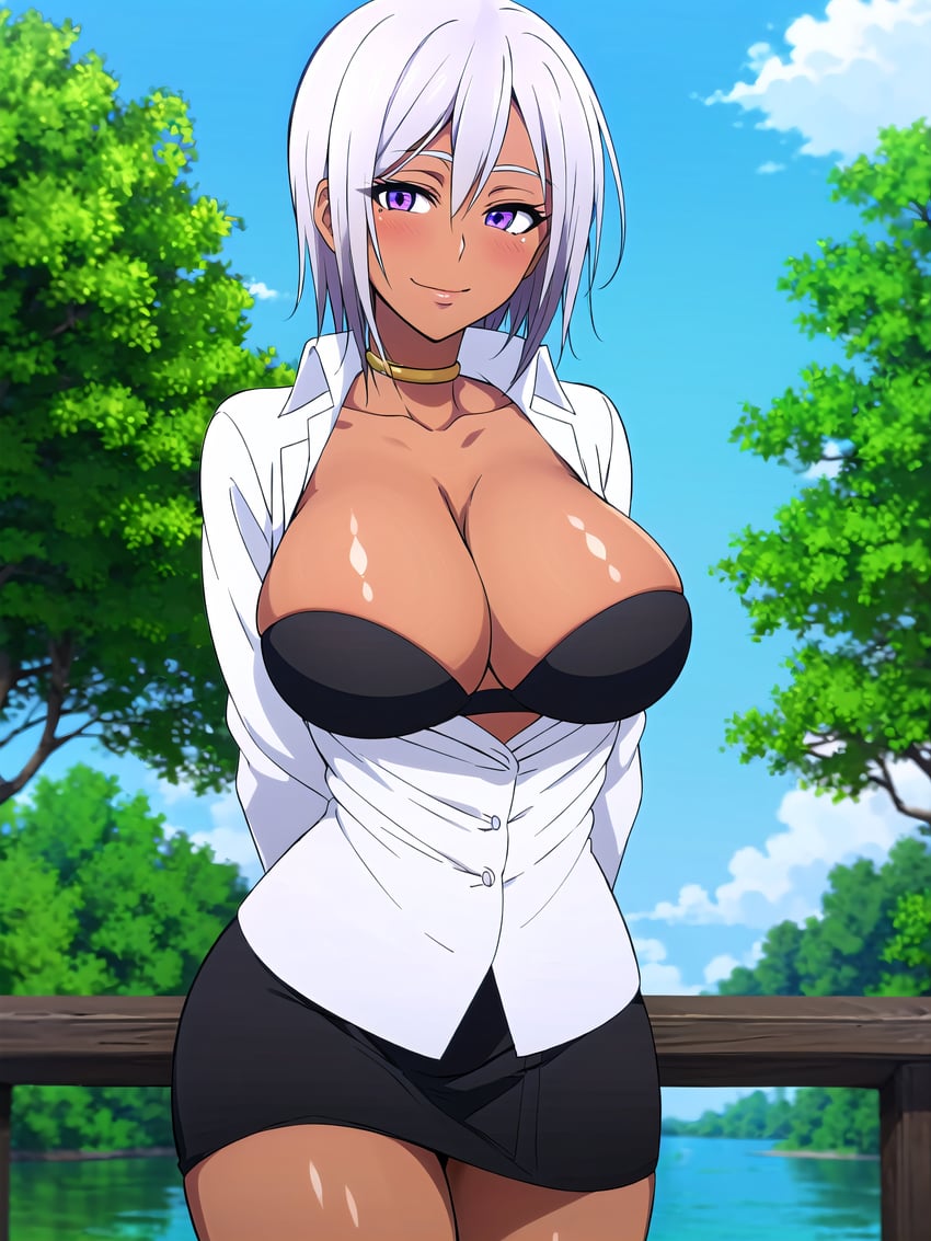 1girl, absurdres, arisato_yu, arms_behind_back, bangs, black_bra, black_skirt, blue_sky