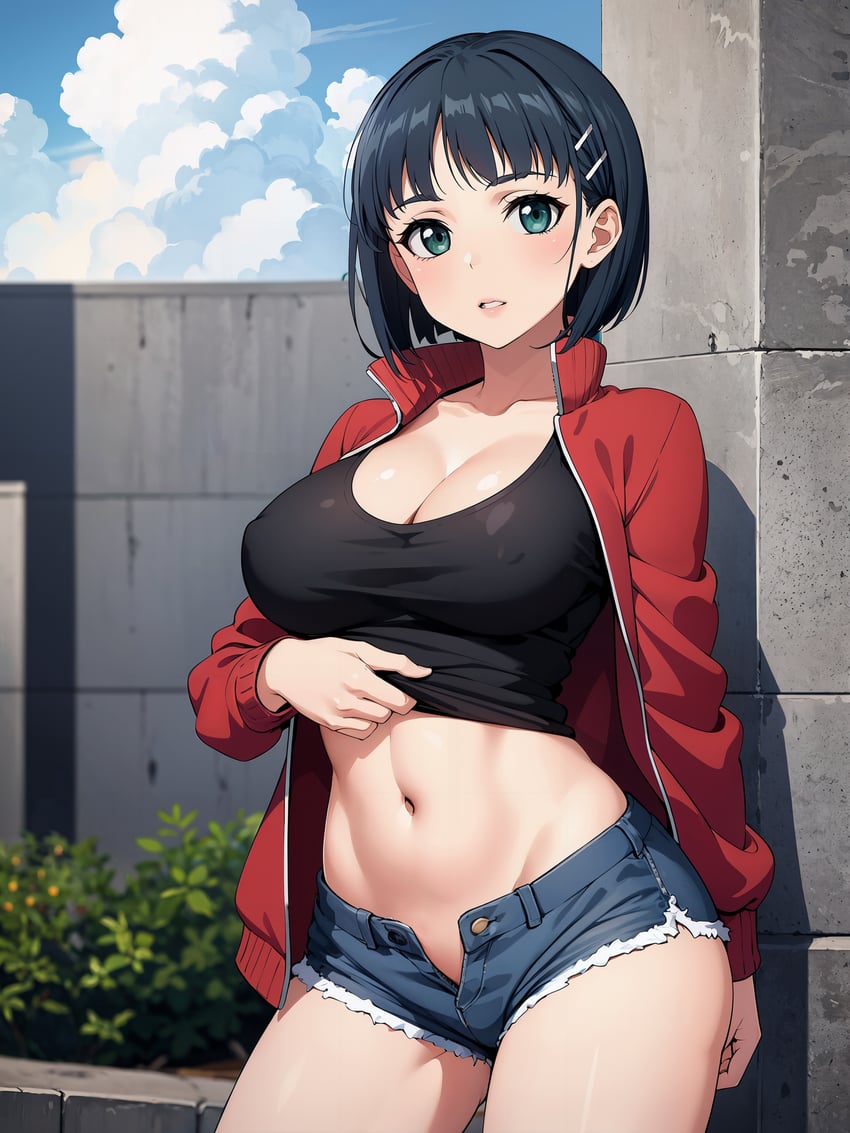 1girl, absurdres, bangs, black_hair, black_shirt, blush, breasts, cleavage