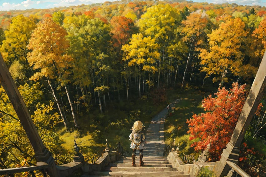 1girl, adetailer, aha_(style), anireality, autumn, autumn_leaves, backpack, bag