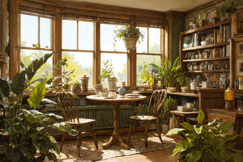 adetailer, aha_(style), anireality, book, book_stack, bookshelf, chair, cup